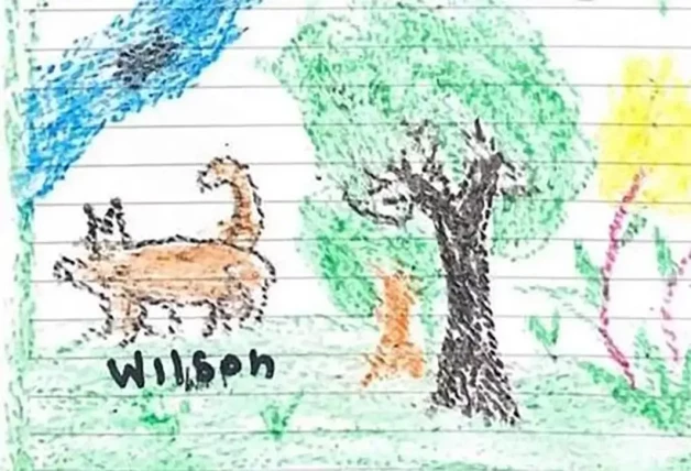 Dibujo que hicieron los niños de Wilson, el perro de rescate que les acompañó varios días antes de perderse. Ya han dejado de buscarle.