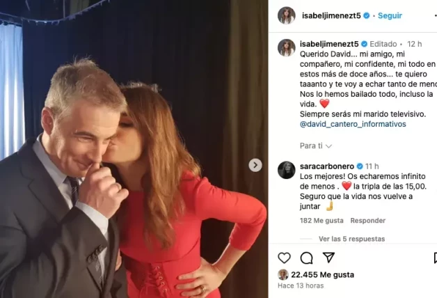 Isabel Jiménez besando en la mejilla a David Cantero