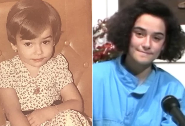 A la izquierda, Toñi Moreno de pequeña, y a la derecha, en sus inicios como comunicadora a los 14 años.