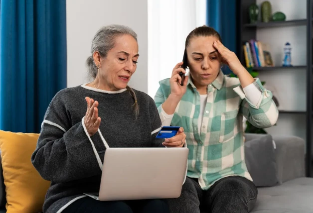 Señora con su hija, resolviendo un grave problema.