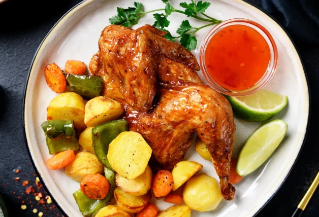 Freidora de pollo con verduras crujientes