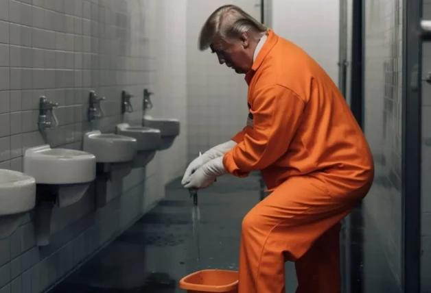 Donald Trump limpiando el baño de una prisión en un montaje