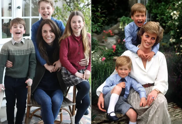 Kate Middleton y Lady Di posando con sus hijos