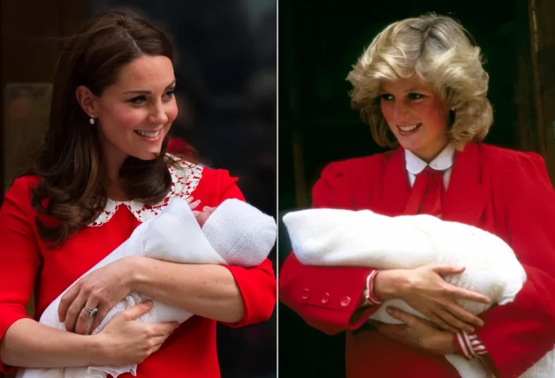 Kate Middleton y Lady Di de rojo con uno de sus bebés en brazos.