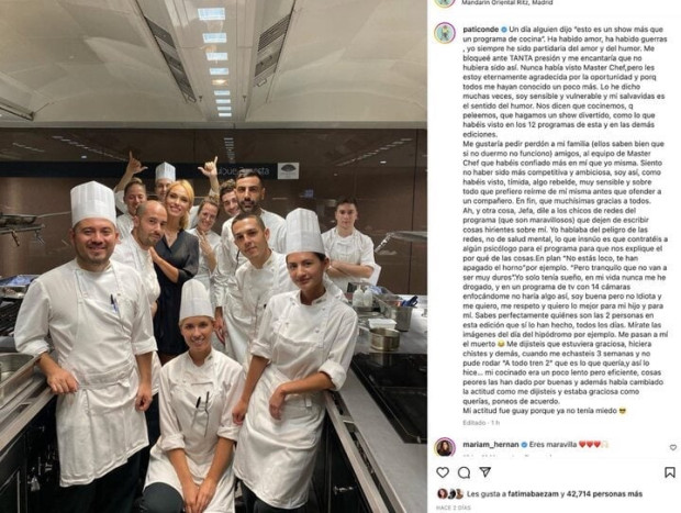 Patricia Conde sube una publicación a redes en la que carga contra Masterchef.