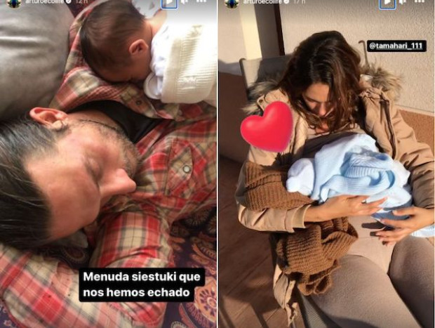Arturo Requejo y su pareja, Tamara, en una imagen de stories con su bebé.