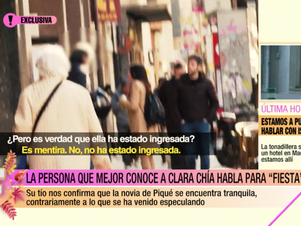 Una reportera de 'Fiesta' (Telecinco) hablando con el tío de Clara Chía