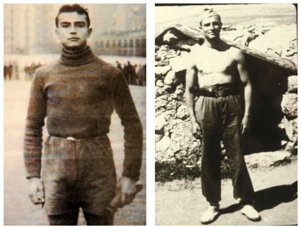 Tony Leblanc como futbolista y, a la derecha, durante la Guerra Civil.