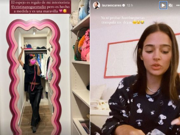 Laura Escanes en un montaje en el vestidor de su nuevo piso, y cenando en el salón