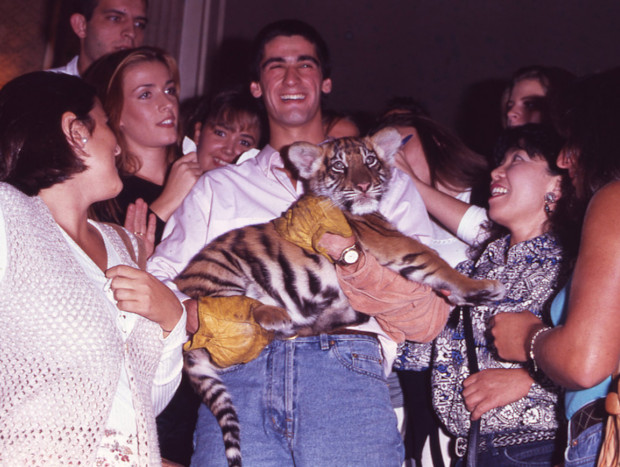 Jesulín de Ubrique con su tigre Currupipi en brazos rodeado de mujeres