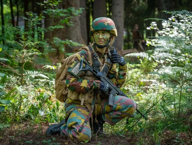 Elizabeth de Bélgica vestida de soldado con su traje de camuflaje durante unas maniobras