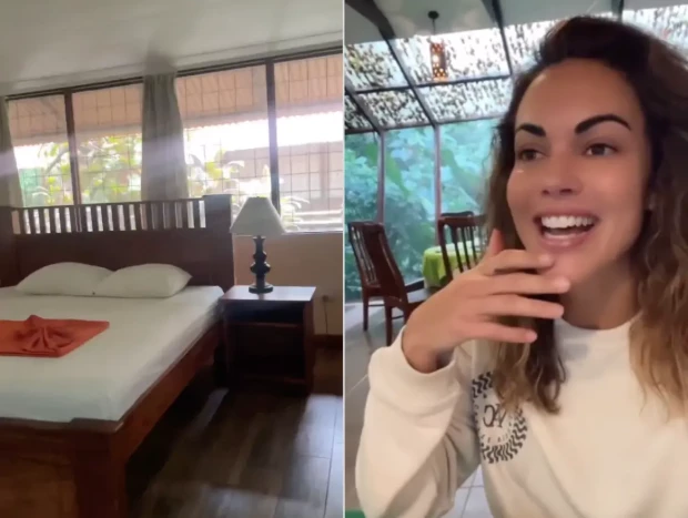 Lara Álvarez hablando sobre la habitación de su hotel en Costa Rica
