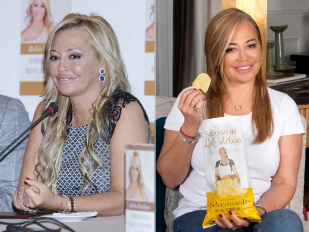 Belén Esteban posando junto a su libro y sosteniendo sus patatas fritas.