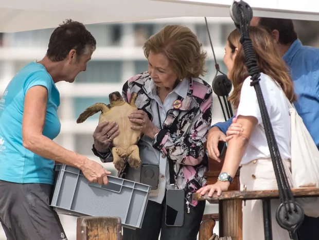 Reina Sofía sujetando una tortuga marina.