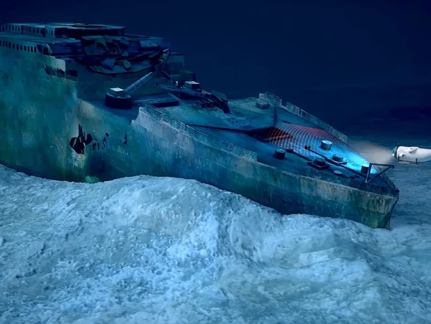 Recreación del "Titán" acercándose a los restos hundidos del "Titanic".