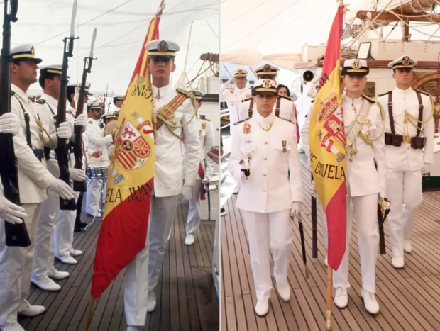 Felipe y Leonor portando la bandera española a bordo del Elcano