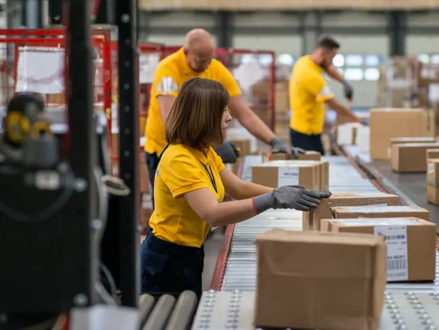 Trabajadores en una cadena de montaje de una fábrica.