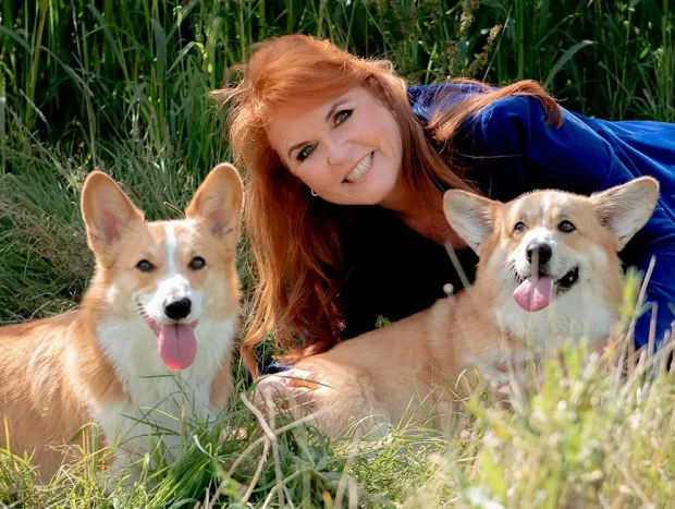 Sarah Ferguson con los corgies de Isabel II.