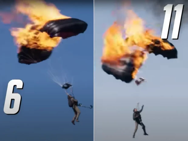 Tom Cruise saltando en paracaídas en llamas