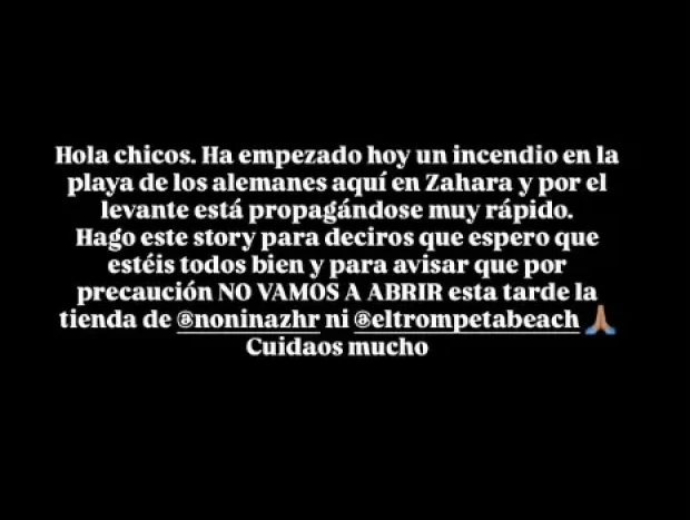 Anna Ferrer comparte este comunicado por el incendio de Zahara de los Atunes