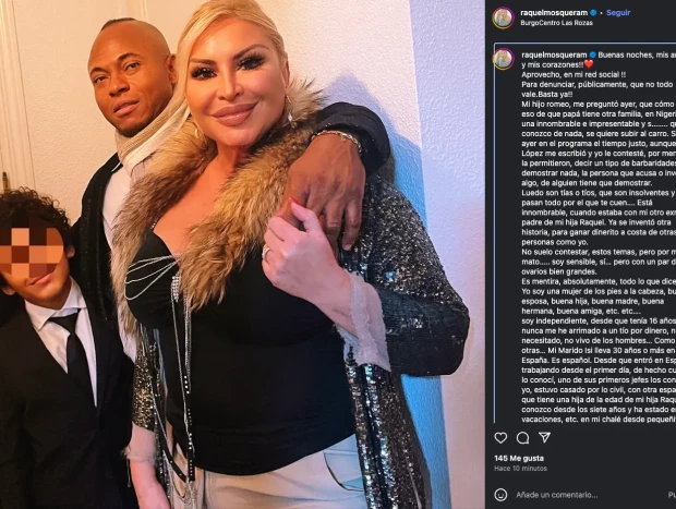 Raquel Mosquera en una imagen con Isi y su hijo en común, respondiendo a las acusaciones de que Isi tiene una doble vida
