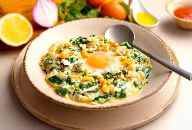 Huevos al plato con espinacas y queso azul