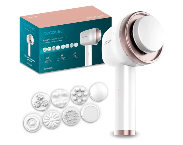 Masajeador corporal anticelulítico con 8 cabezales y diseño ergonómico.