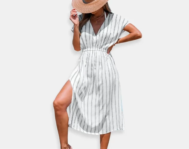 Vestido midi de verano a rayas ideal para playa y piscina.