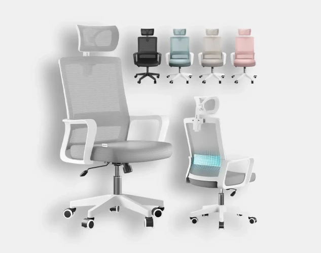 Silla ergonómica para oficina con apoyo lumbar y cabezal regulable.