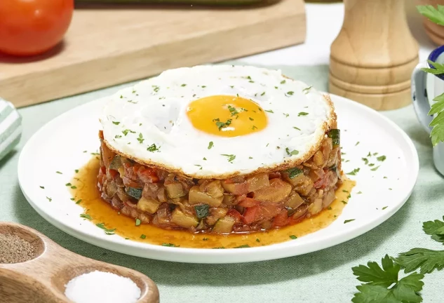 Timbal de pisto con huevo a la plancha