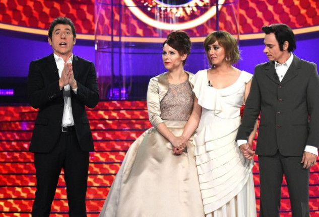 María Villalón con Manel Fuentes, Soraya Arnelas y Carlos Baute durante la final de «Tu cara me suena 7».