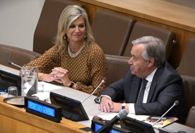 Máxima de Holanda, con el secretario general de la ONU, António Guterres.