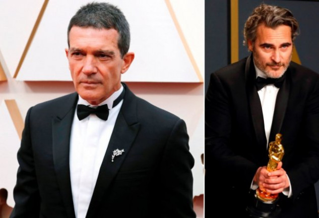 Antonio a su llegada a la gala en el Teatro Dolby de Los Ángeles. A la derecha, el gran triunfador de la noche, Joaquin Phoenix. 