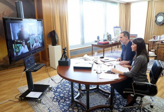 Felipe y Letizia durante su reunión virtual con los tres artistas.