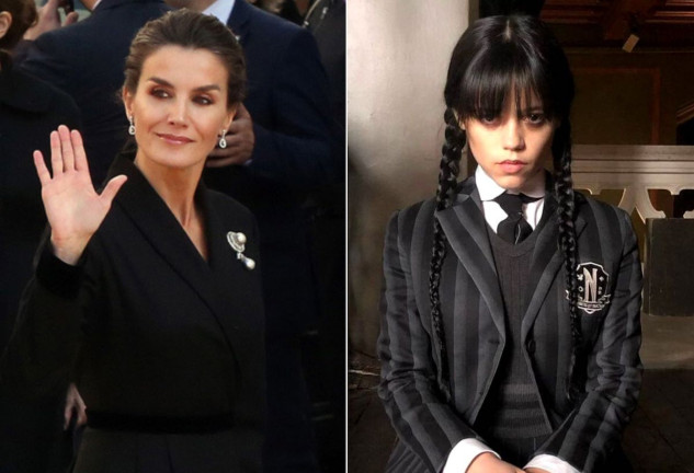 Le reina Letizia en un montaje con Miércoles, interpretada por Jenna Ortega.