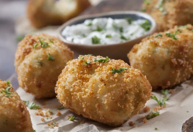 Croquetas con una salsa para acompañar.