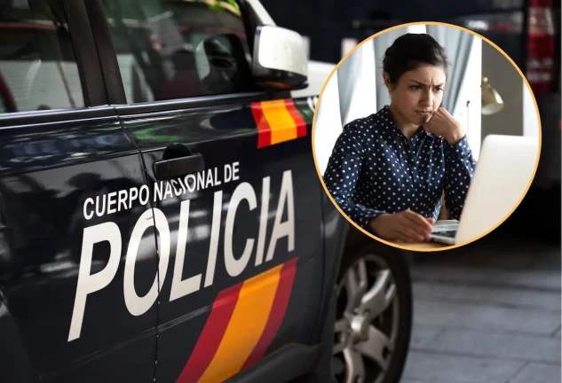 Montaje de una imagen de la policía con una mujer preocupada mirando la pantalla.