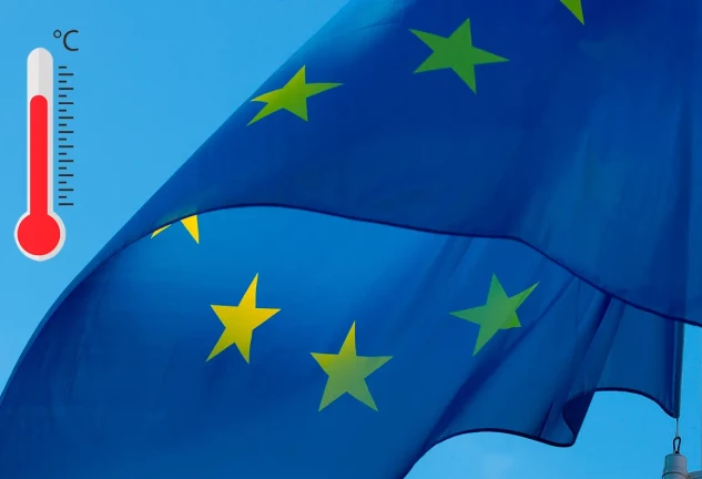 Bandera de la unión europea y un termómetro en rojo