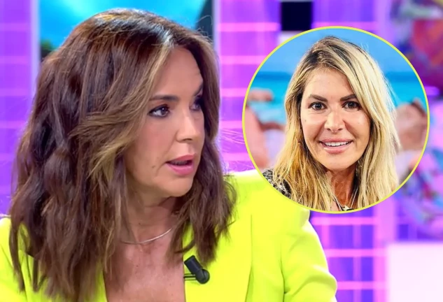Olga Moreno con una americana color verde neón en 'Fiesta' hablando de su relación con Ana Luque, en un montaje con ella