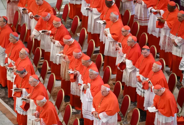 Cardenales del cónclave en pie y reunidos