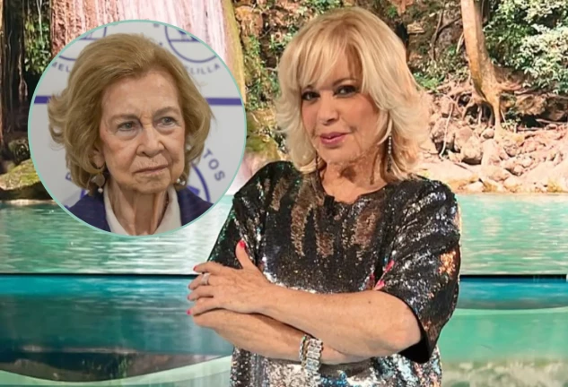 Bárbara Rey en un plató de Telecinco en un montaje con la reina Sofía