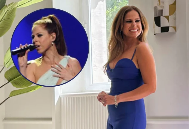 Pastora Soler vestida de azul en un montaje con su imagen cantando en Eurovisión 2012