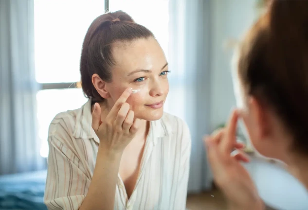 Mujer poniendose crema en los ojos