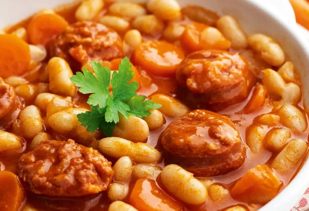Plato de alubias blancas con chorizo caseras, receta tradicional española