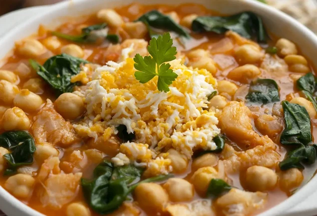 Potaje de vigilia con garbanzos, espinacas y bacalao.