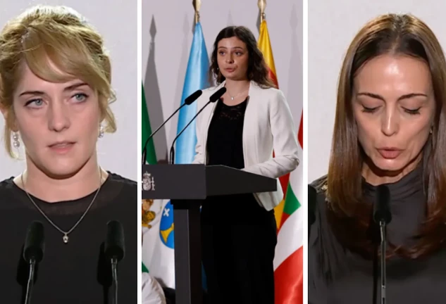 Andrea Ferrari, Naiara Chuliá y Virginia Ortiz durante sus intervenciones en el homenaje a las víctimas de la DANA en Valencia (Imagen: RTVE / EFE).