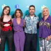 Los presentadores de 'La familia de la tele', María Patiño, Inés Hernand y Aitor Albizua, y su colaboradora Belén Esteban.