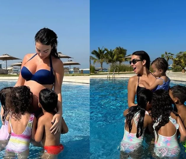 Georgina Rodríguez en un montaje en la piscina con sus hijos