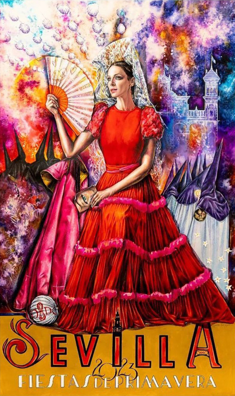 Eva González vestida de flamenca en el cartel de la feria de Sevilla.