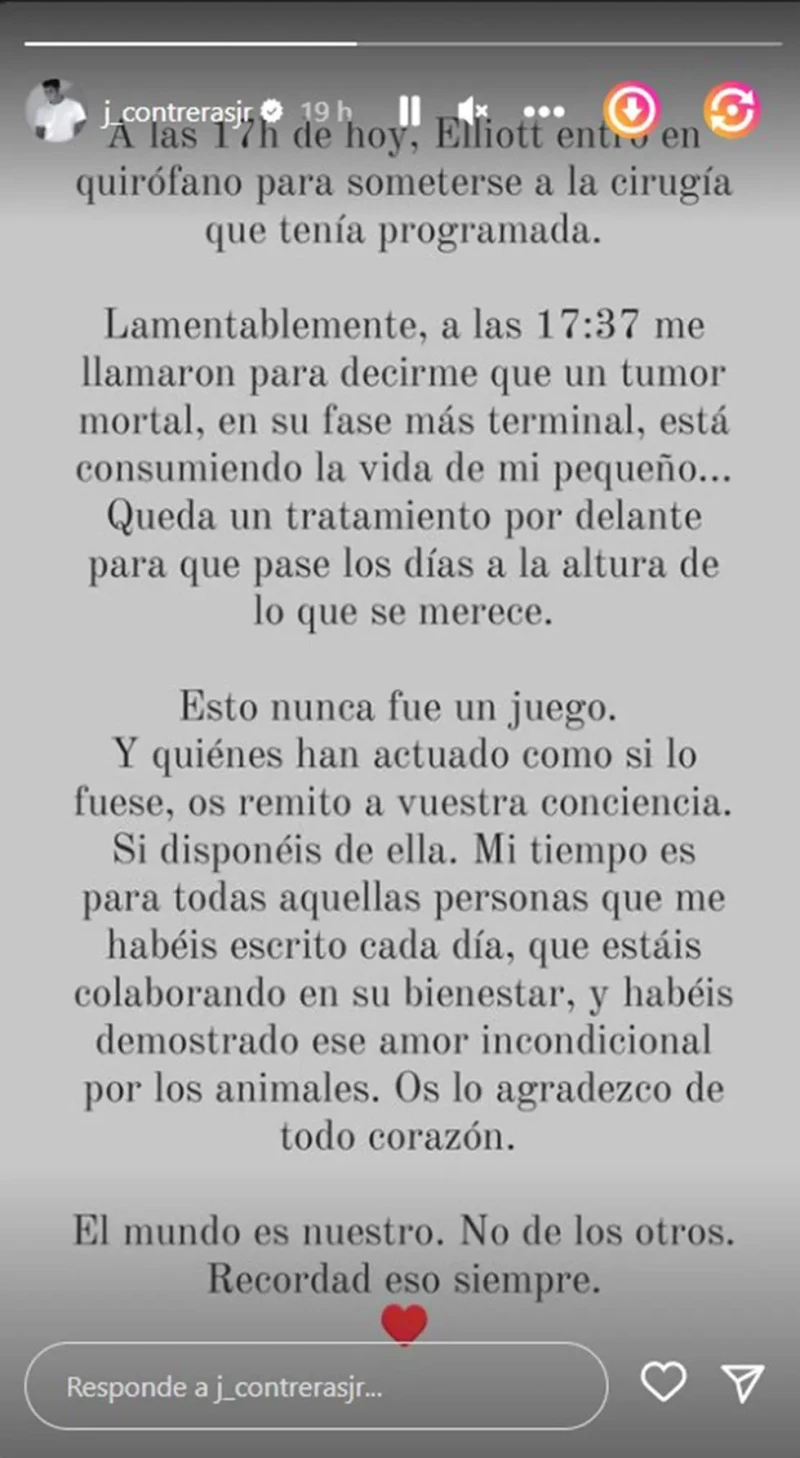 Story de Julián Contreras hablando del tumor de su mascota.